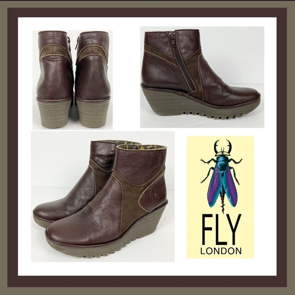 Fly London Ankle Yago Wedge Booties Brown/Tan Inside Zip Closure Sz 40 (9/9.5)